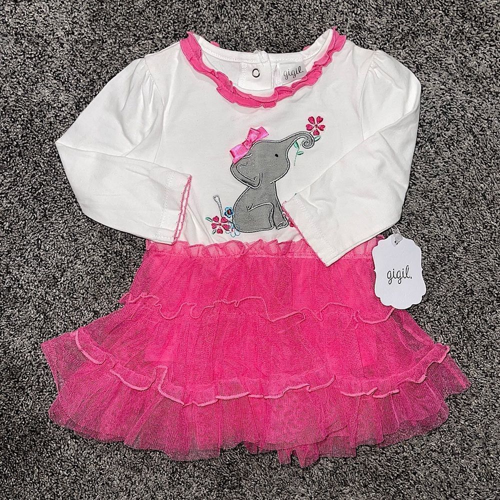 Gigil Girls long sleeve dress white pink tutu elephant one piece snaps 12mo NWT